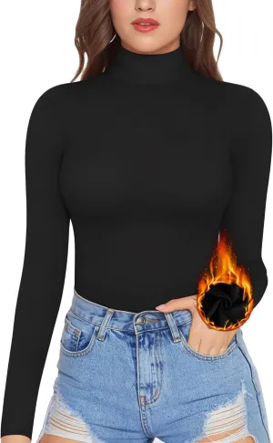 MANGOPOP Women's Mock Turtle Neck Fleece Lined Long Sleeve Thermal Underwear T Shirt Tops Tee