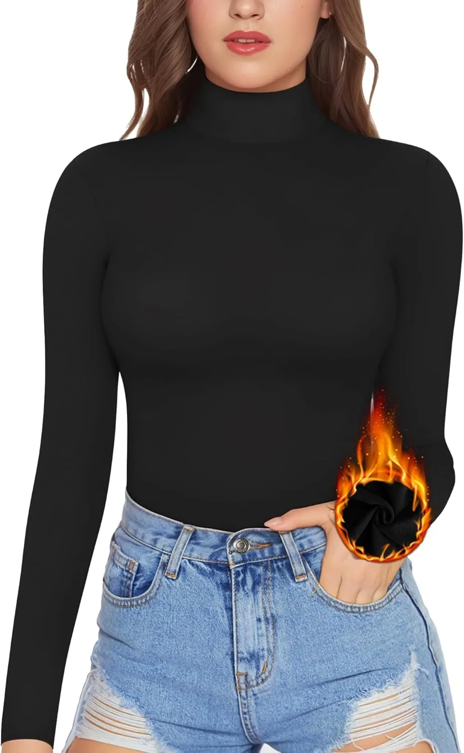 MANGOPOP Women's Mock Turtle Neck Fleece Lined Long Sleeve Thermal Underwear T Shirt Tops Tee