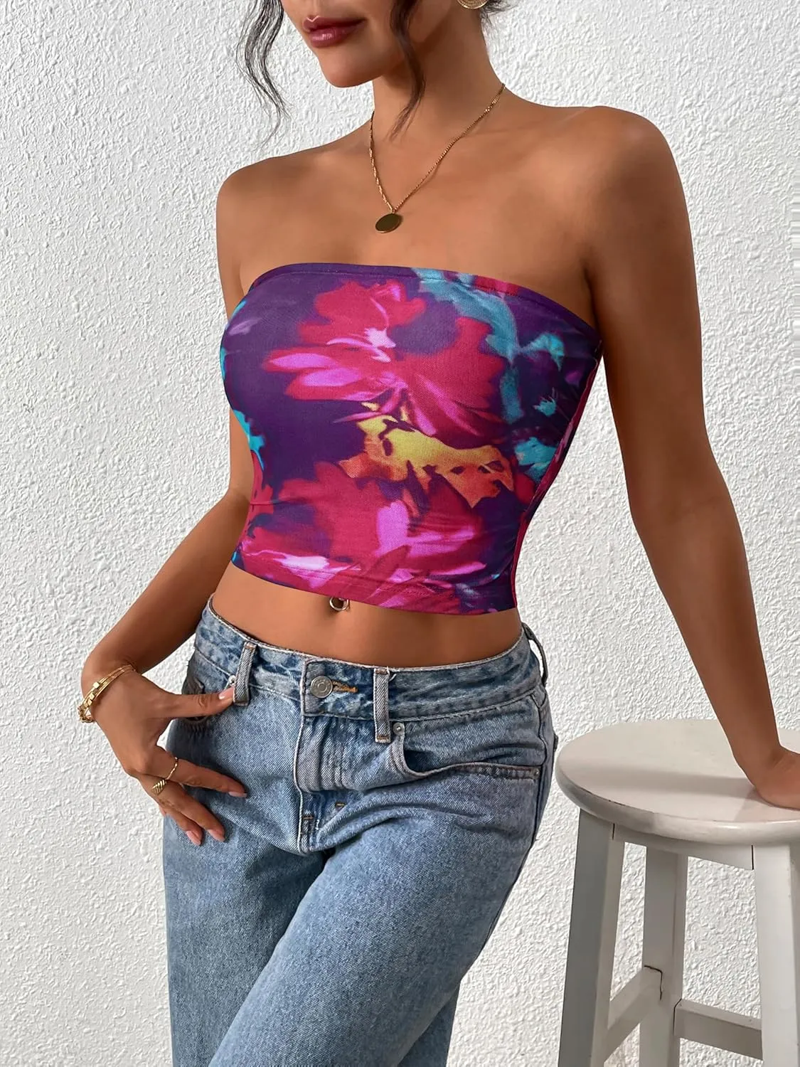 MASCOMODA Womens Fashion 2025 Summer Floral Mesh Tube Top Ruched Going Out Bandeau Sleeveless Strapless Crop Tops Y2k Clothes