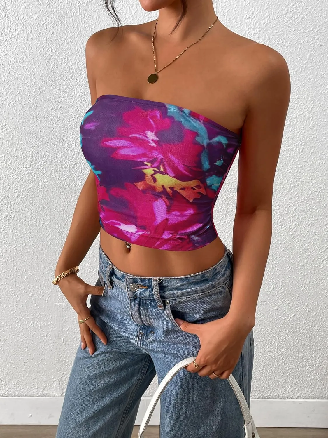 MASCOMODA Womens Fashion 2025 Summer Floral Mesh Tube Top Ruched Going Out Bandeau Sleeveless Strapless Crop Tops Y2k Clothes