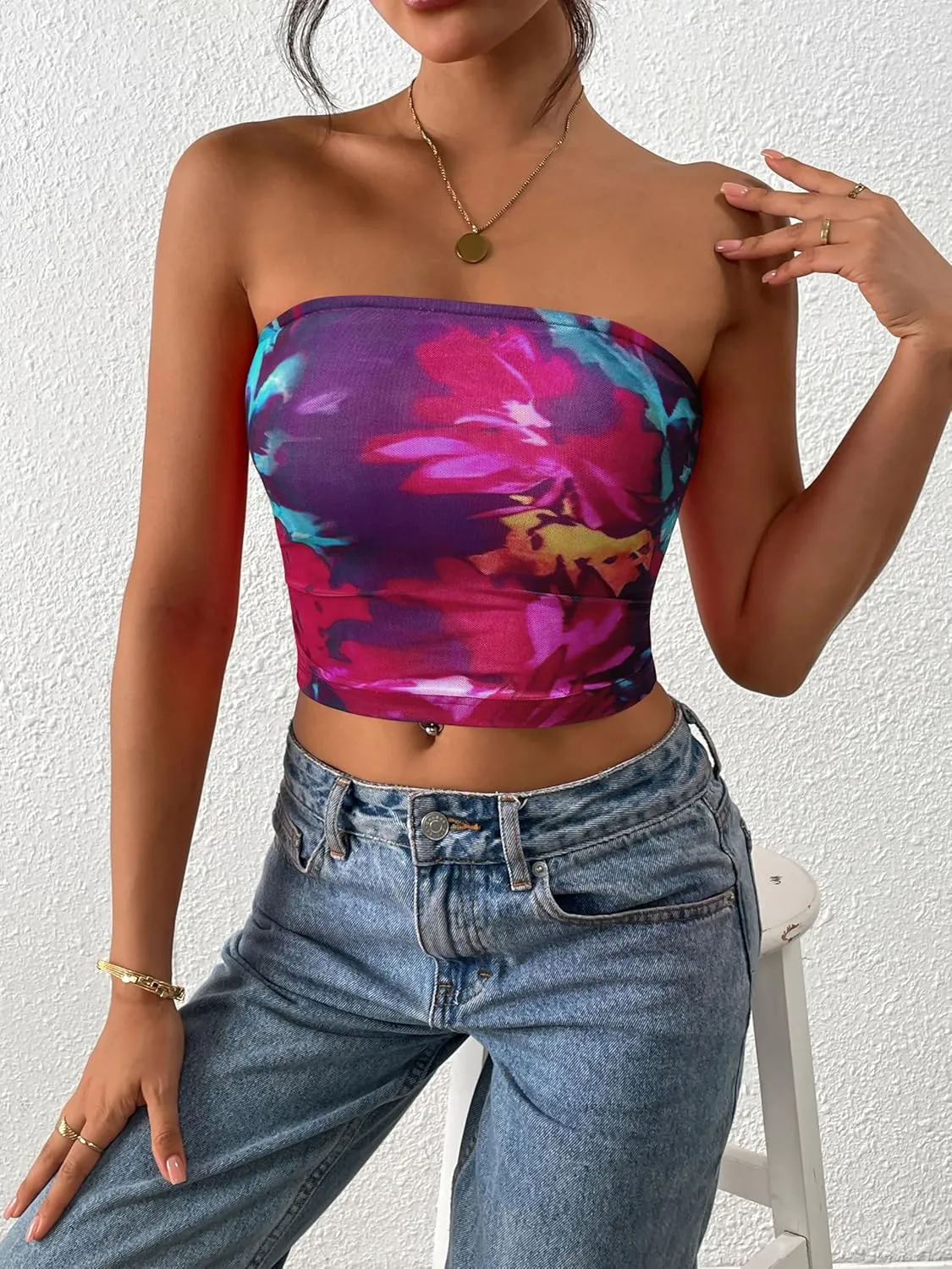 MASCOMODA Womens Fashion 2025 Summer Floral Mesh Tube Top Ruched Going Out Bandeau Sleeveless Strapless Crop Tops Y2k Clothes