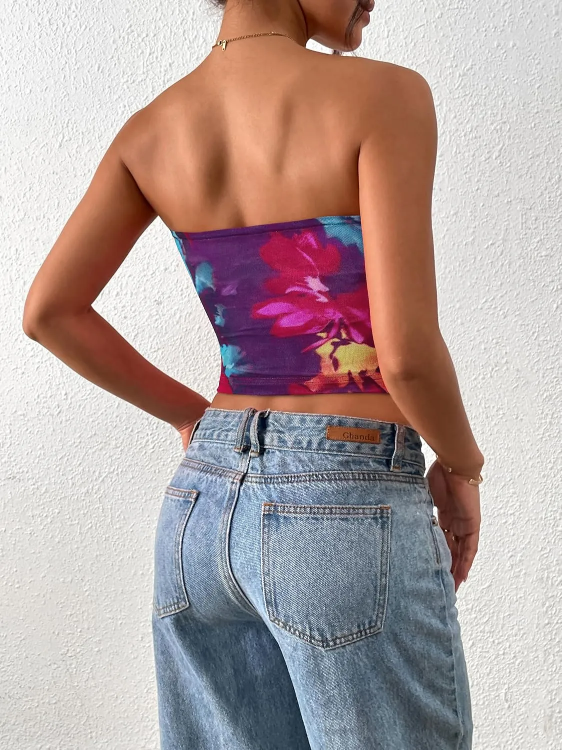 MASCOMODA Womens Fashion 2025 Summer Floral Mesh Tube Top Ruched Going Out Bandeau Sleeveless Strapless Crop Tops Y2k Clothes