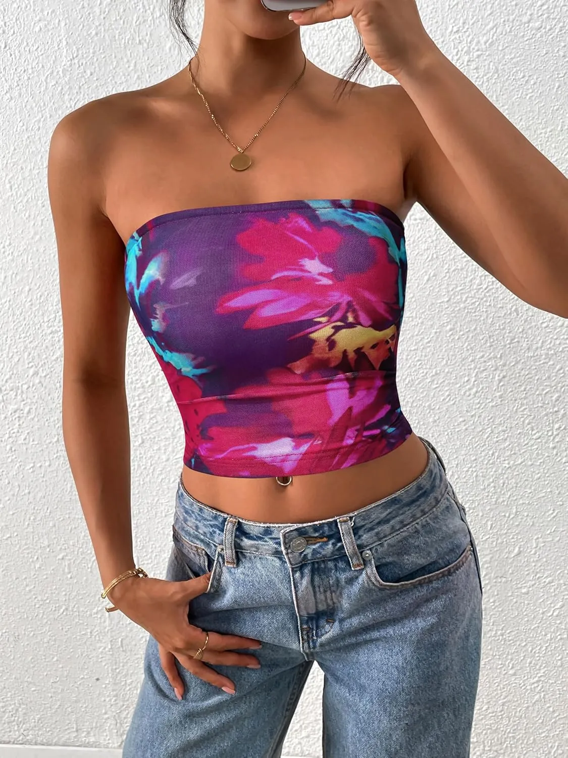MASCOMODA Womens Fashion 2025 Summer Floral Mesh Tube Top Ruched Going Out Bandeau Sleeveless Strapless Crop Tops Y2k Clothes