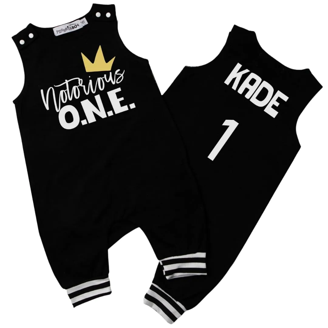Notorious One Hip Hop Themed First Birthday Personalized Romper with Striped Cuff (18mo, Black)