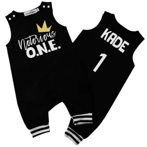 Notorious One Hip Hop Themed First Birthday Personalized Romper with Striped Cuff (18mo, Black)