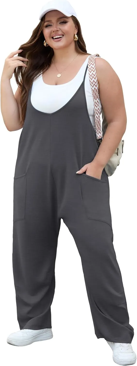 OLRIK 2025 Summer Women Plus Size Jumpsuit Adjustable Strap Overalls Loose Fit Stretchy Romper With Pockets