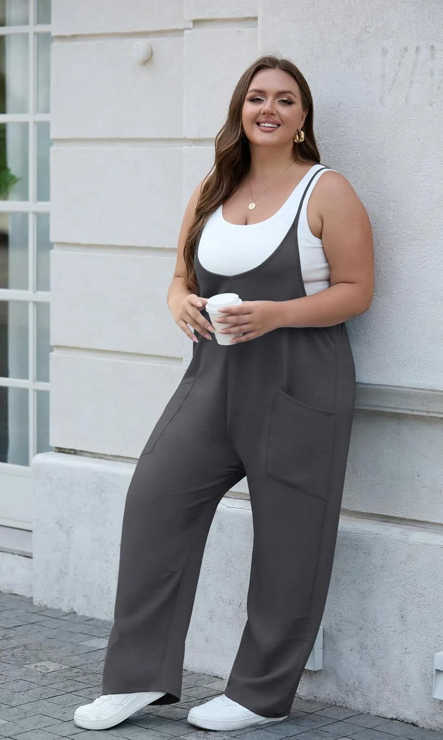 OLRIK 2025 Summer Women Plus Size Jumpsuit Adjustable Strap Overalls Loose Fit Stretchy Romper With Pockets