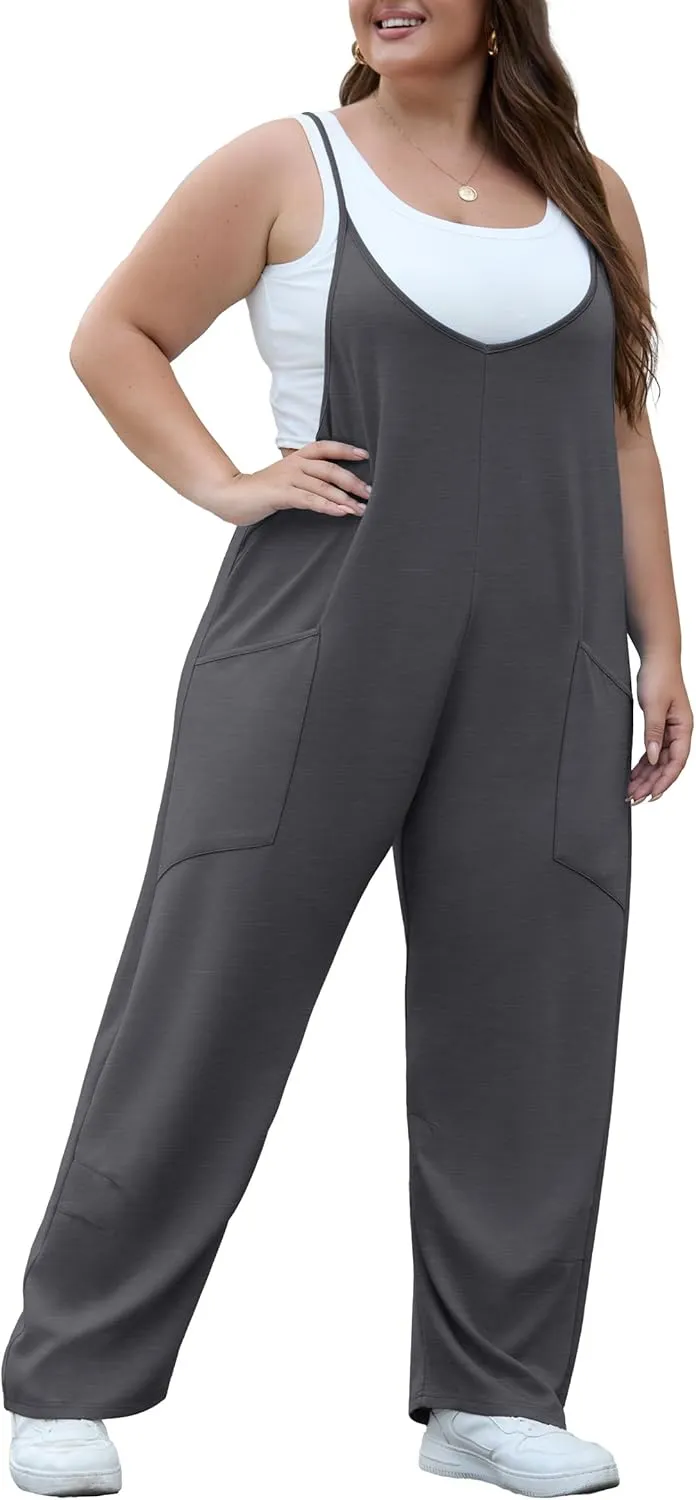 OLRIK 2025 Summer Women Plus Size Jumpsuit Adjustable Strap Overalls Loose Fit Stretchy Romper With Pockets
