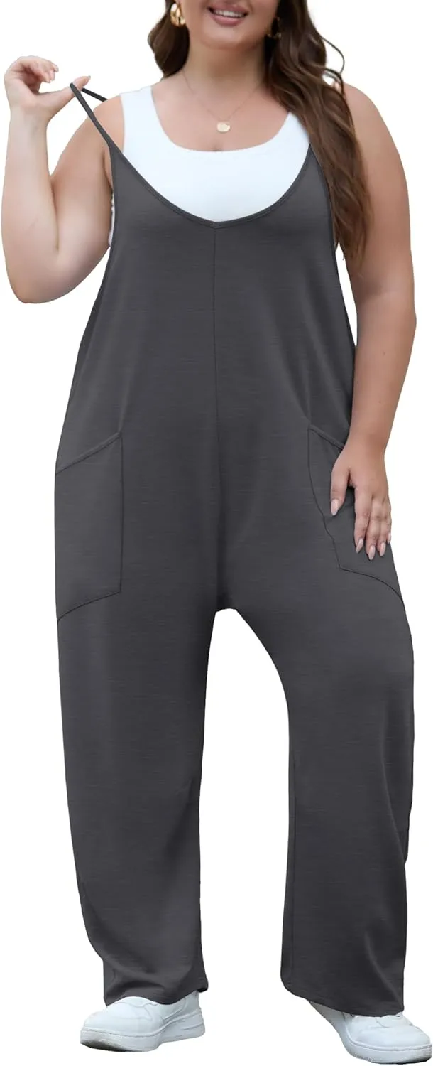 OLRIK 2025 Summer Women Plus Size Jumpsuit Adjustable Strap Overalls Loose Fit Stretchy Romper With Pockets