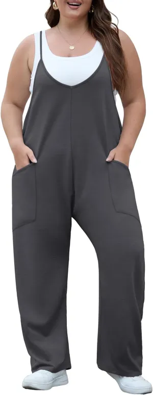 OLRIK 2025 Summer Women Plus Size Jumpsuit Adjustable Strap Overalls Loose Fit Stretchy Romper With Pockets