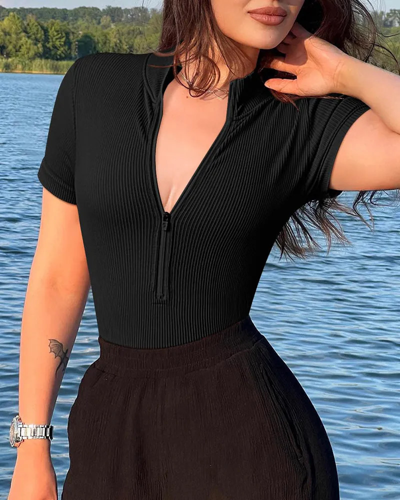 One-piece Short-sleeved Front-zip Briefs Jumpsuit