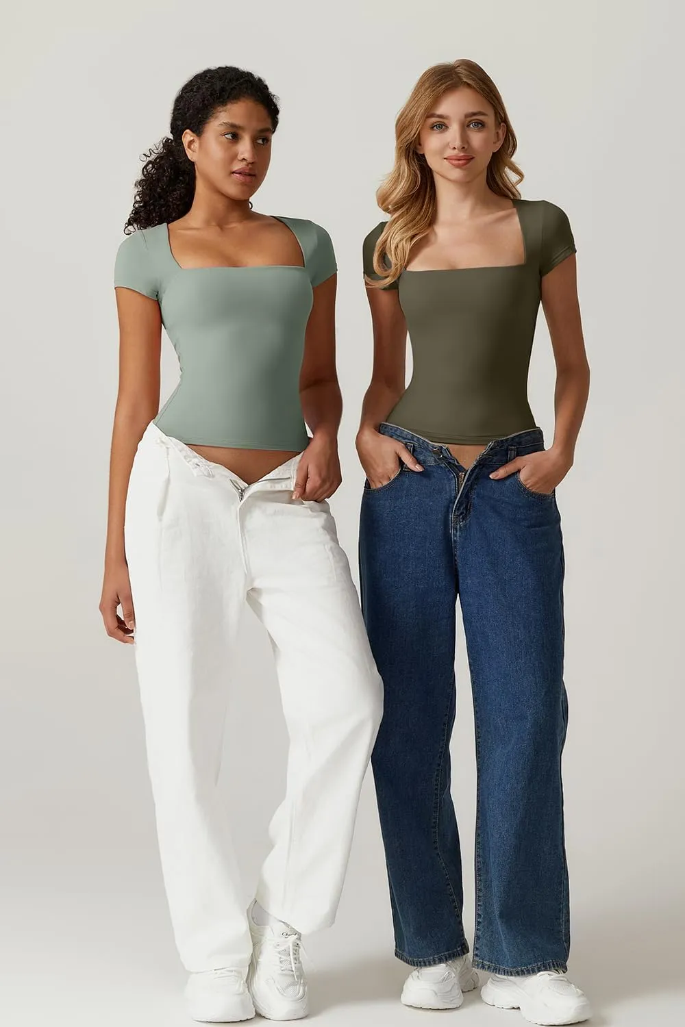 QINSEN Women's Square Neck Short Sleeve T Shirts Double Lined Basic Tee Slim Fit Tops