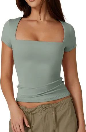 QINSEN Women's Square Neck Short Sleeve T Shirts Double Lined Basic Tee Slim Fit Tops