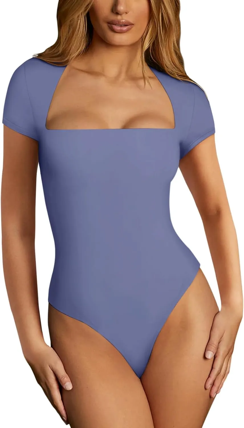 REORIA Womens Sexy Square Neck Double Lined Shirt Stretchy Basic Short Sleeve Going Out Thong Bodysuit Tops