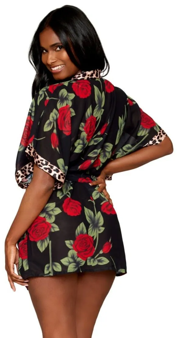 Rose Print Chiffon Robe & Leopard Print Teddy Set