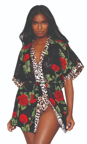 Rose Print Chiffon Robe & Leopard Print Teddy Set