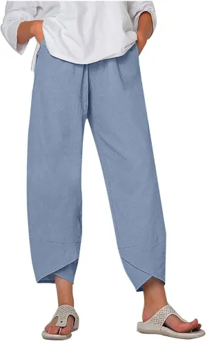 Ruziyoog Cotton Linen Pants for Women 2025 Trendy Lightweight Drawstring High Waist Capri Pant Palazzo Lounge Pants Trousers