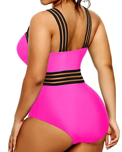 Sexy Mesh Crossover Monokini Plus Size One Piece Swimsuit-Neon Pink
