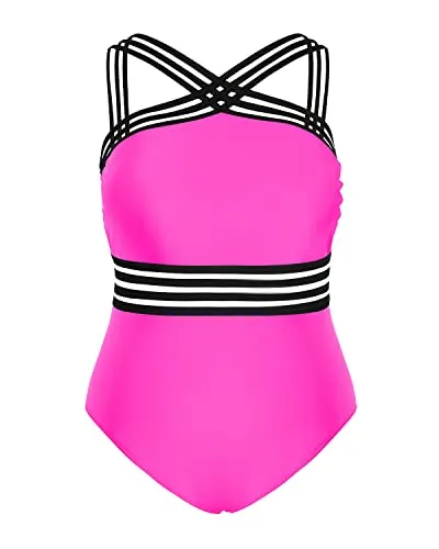 Sexy Mesh Crossover Monokini Plus Size One Piece Swimsuit-Neon Pink