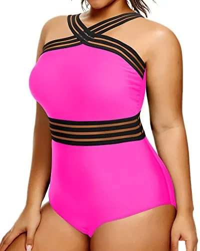 Sexy Mesh Crossover Monokini Plus Size One Piece Swimsuit-Neon Pink