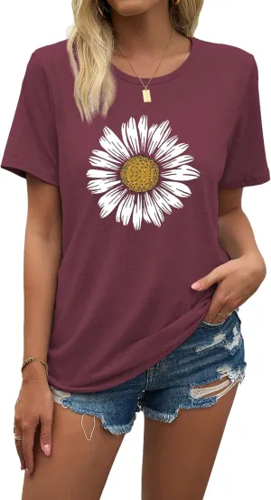 Sunflower Graphic Shirt for Women Funny Short Sleeve Women's Flower Tee Tops Casual Crew Neck T Shirt