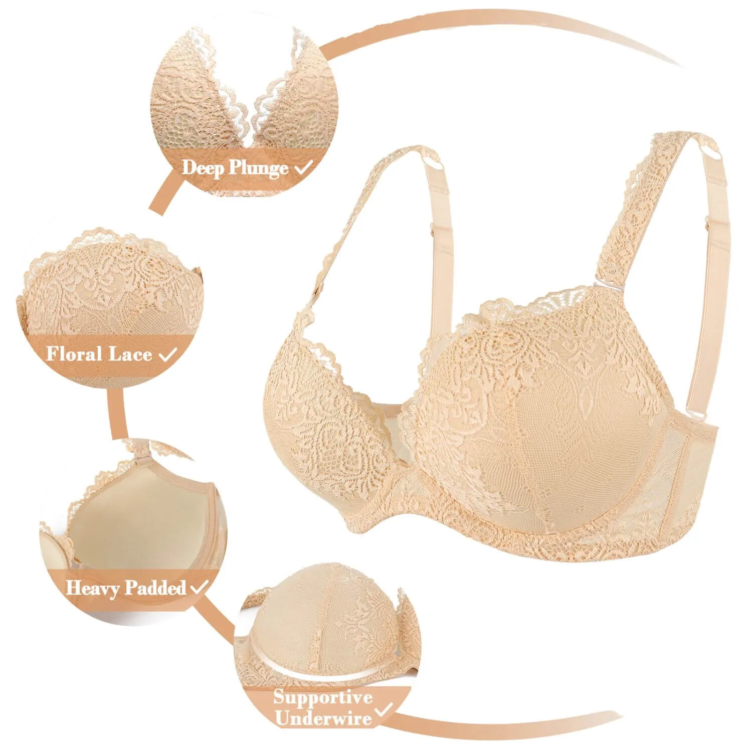 Super Push Up Padded Deep V Lace Underwire Bra