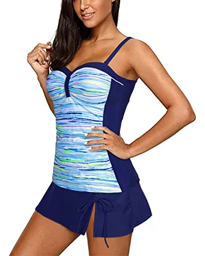 Sweetheart Neckline Push Up Tankini Set Ruched Women Tankini Set-Blue Stripe