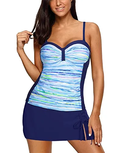 Sweetheart Neckline Push Up Tankini Set Ruched Women Tankini Set-Blue Stripe