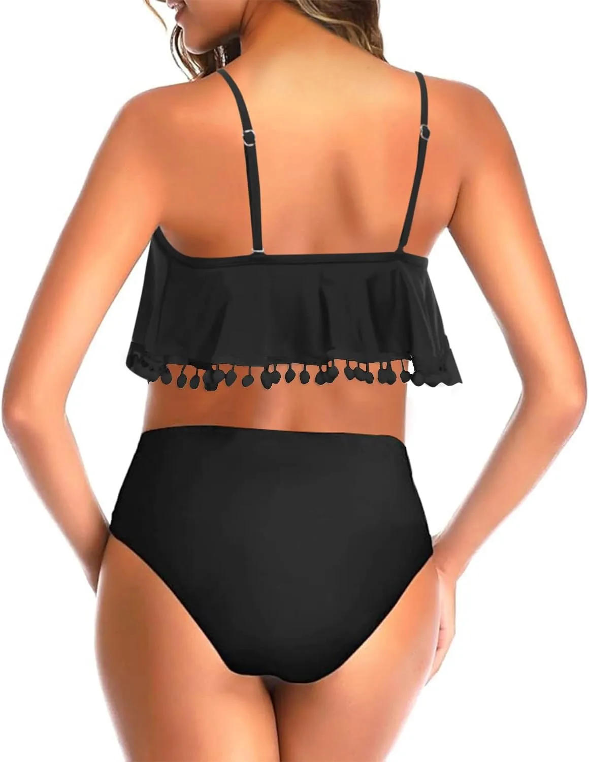 Tempt Me Women Two Piece High Waisted Bikini Set Ruffle Swimsuit Flounce Pom Pom Trim Bathing Suit