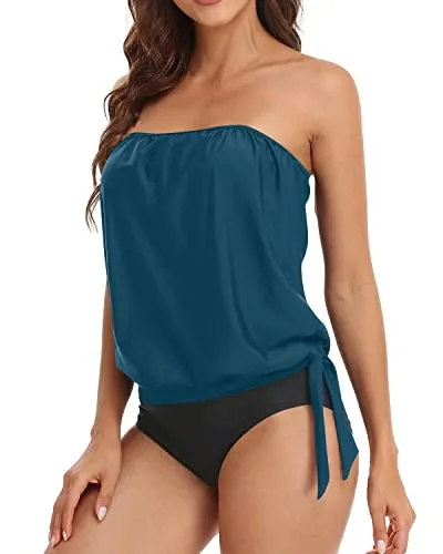 Two Piece Bandeau Tankini Swimsuits For Teens And Women-Teal And Black