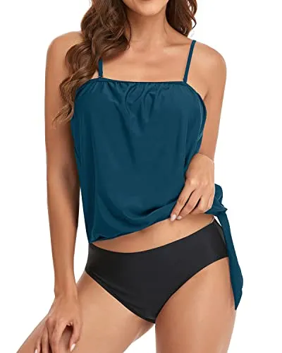 Two Piece Bandeau Tankini Swimsuits For Teens And Women-Teal And Black