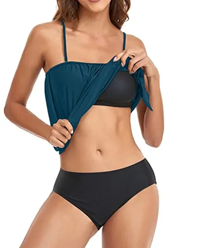 Two Piece Bandeau Tankini Swimsuits For Teens And Women-Teal And Black