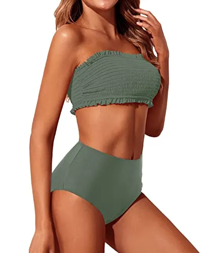 Two Piece Smocked Ruffle Off Shoulder Bikini Set High Waisted Bottoms-Army Green