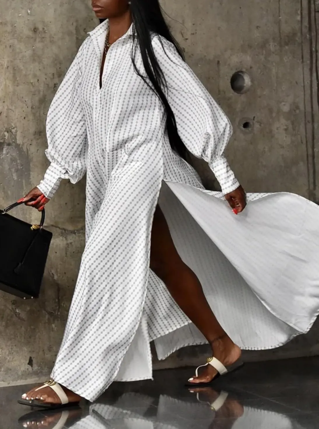 UOOZEE Women's Puff Long Sleeve Button Down Loose Maxi Shirt Dress Side Slit Spring Summer Beach Dress
