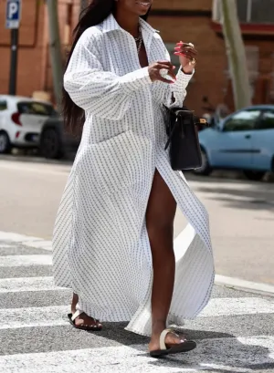 UOOZEE Women's Puff Long Sleeve Button Down Loose Maxi Shirt Dress Side Slit Spring Summer Beach Dress