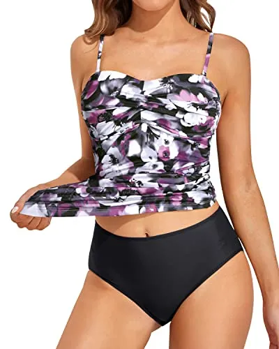 Versatile Bandeau Tankini Swimwear For Girls Juniors And Maternity-Purple Flowers