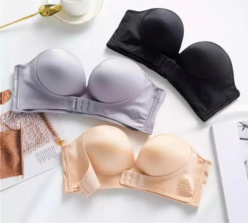 Women invisible strapless front closure push up bra backless