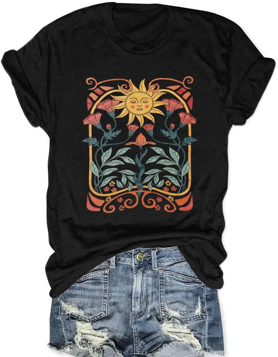 Women Vintage Wildflower T Shirt Funny Sun Mystical Shirts Boho Graphic Tees Short Sleeve Tops