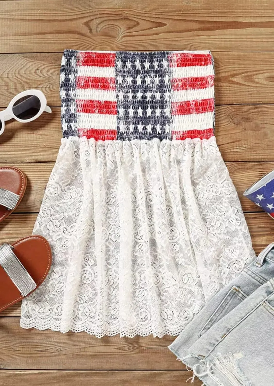Womens American Flag Smocked Strapless Bandeau Tank Top Casual Strapless Tube Tops 4th of July Tank