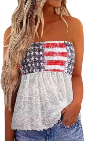 Womens American Flag Smocked Strapless Bandeau Tank Top Casual Strapless Tube Tops 4th of July Tank