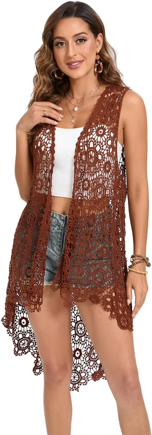 Women's Casual Long Crochet Vest Loose Fit Boho Lace Cover up High Low Sleeveless Cardigan