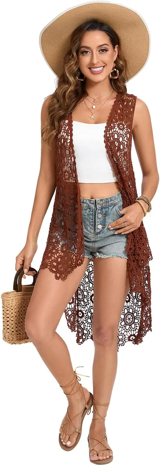 Women's Casual Long Crochet Vest Loose Fit Boho Lace Cover up High Low Sleeveless Cardigan