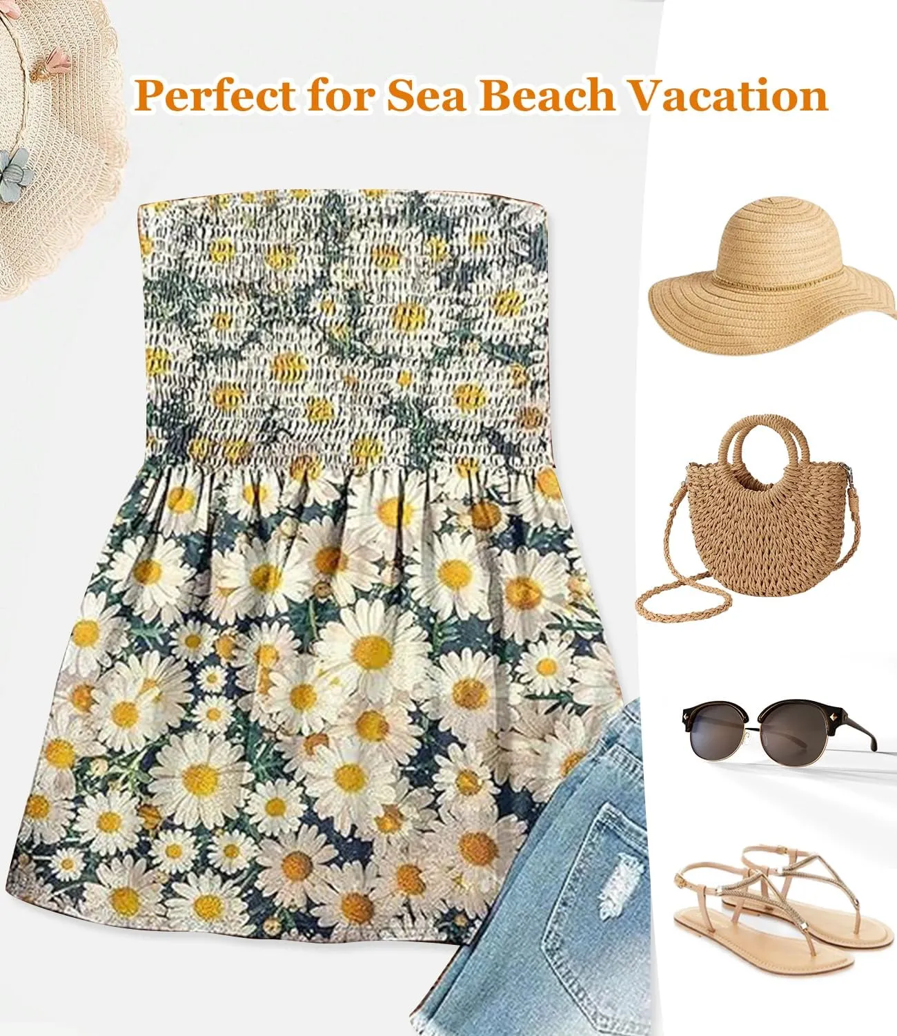 Womens Smocked Strapless Bandeau Tube Tops Floral Ruffled Tank Tops Sleeveless Backless Bandeau Tunic Shirts