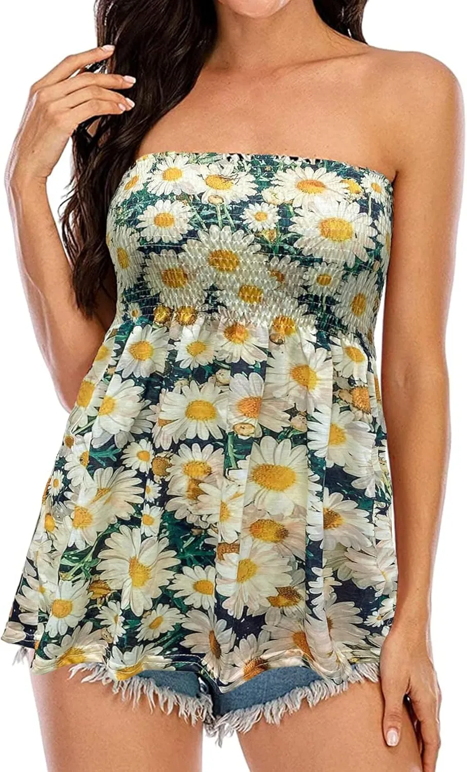 Womens Smocked Strapless Bandeau Tube Tops Floral Ruffled Tank Tops Sleeveless Backless Bandeau Tunic Shirts