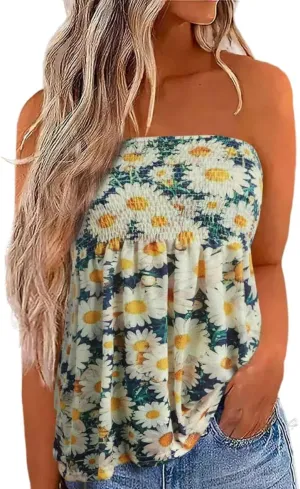 Womens Smocked Strapless Bandeau Tube Tops Floral Ruffled Tank Tops Sleeveless Backless Bandeau Tunic Shirts