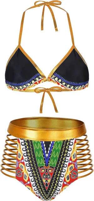 Zando Women Tribal Print Bikini African Metallic Swimsuit Two Piece Beachwear Cutout Halter Neck Bathing Suit Swimwear
