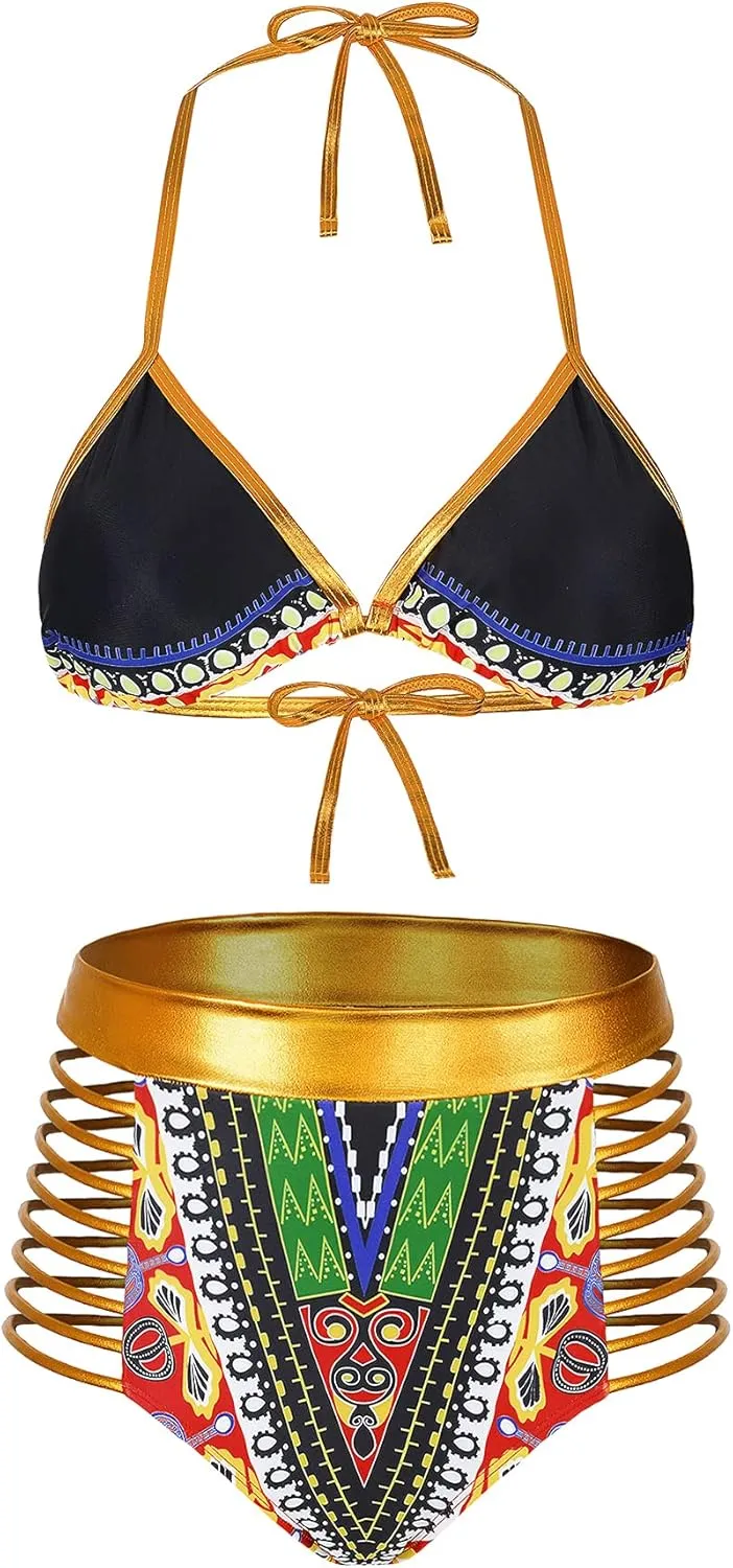 Zando Women Tribal Print Bikini African Metallic Swimsuit Two Piece Beachwear Cutout Halter Neck Bathing Suit Swimwear